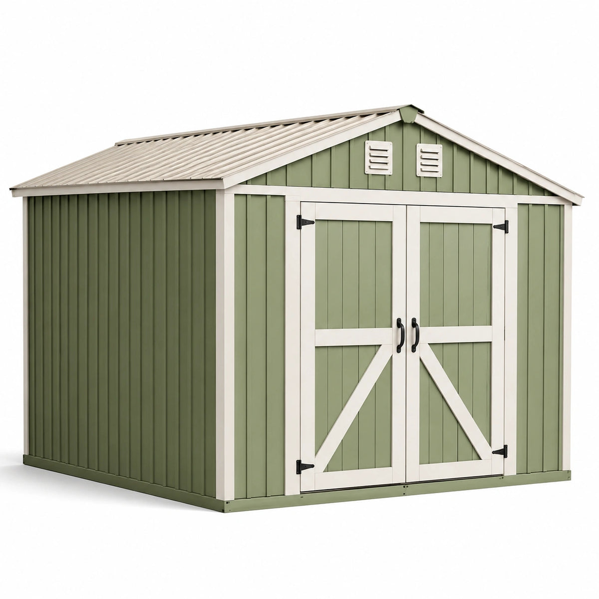 Abri de jardin 213 x 130 x 185 cm en acier vert et blanc à double porte ventilé