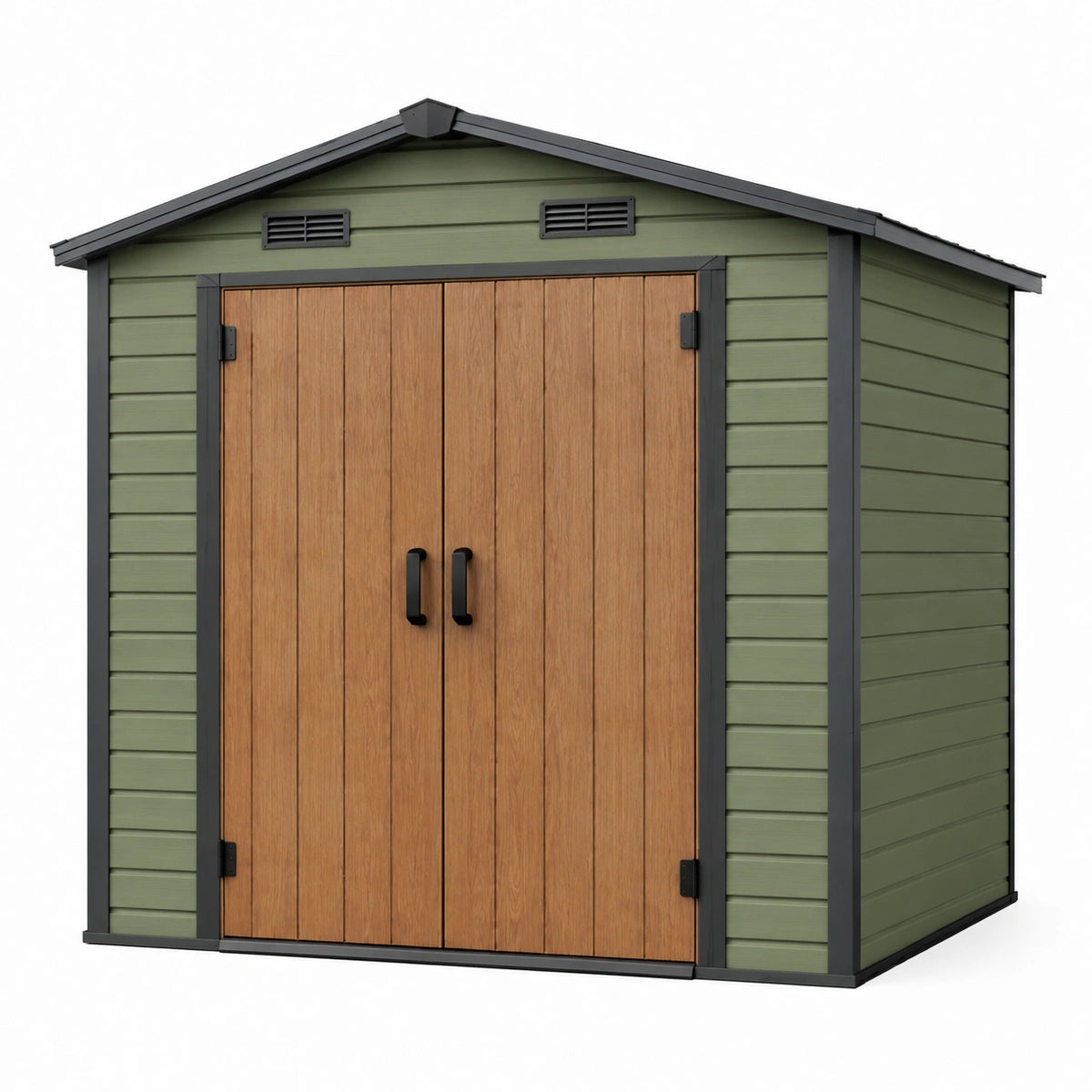 Abri de jardin 210 x 150 x 200 cm en résine vert olive et portes effet bois - rangement extérieur ventilé