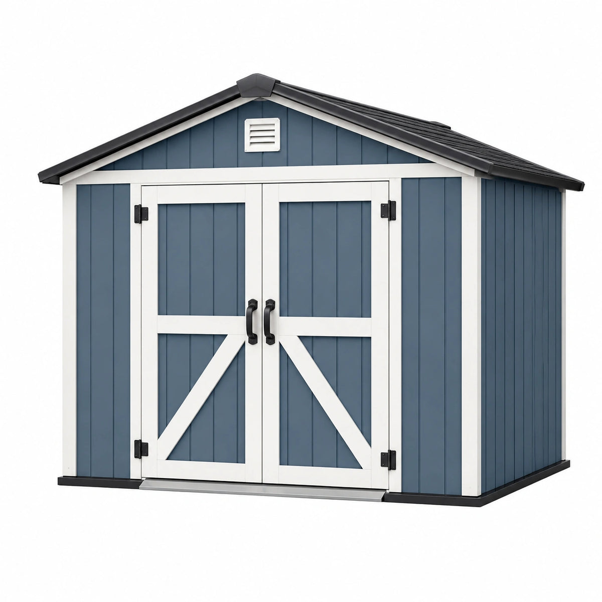 Abri de jardin 200 x 130 x 190 cm en résine bleu blanc à double porte style chalet