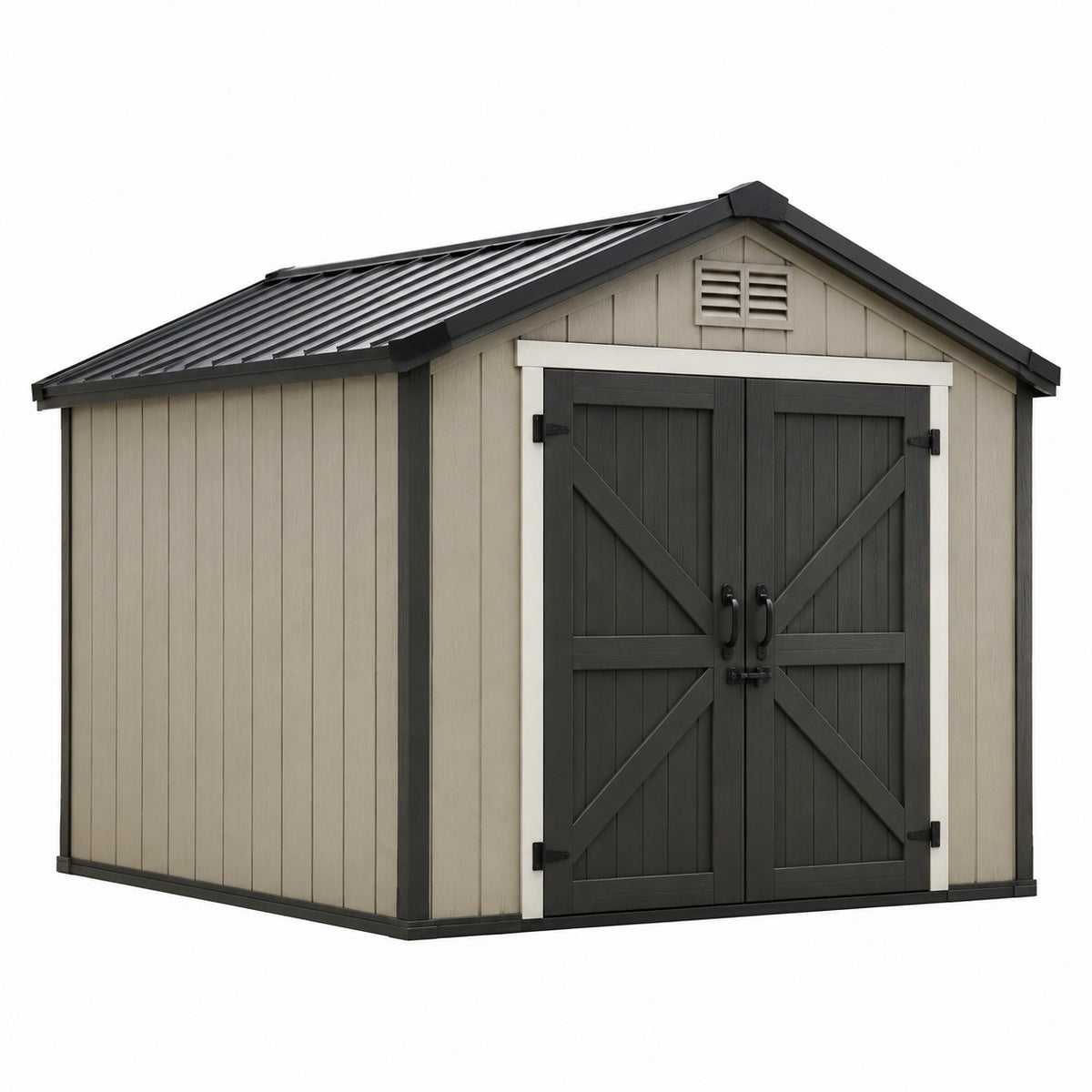 Abri de jardin 200 x 190 x 190 cm en résine beige et anthracite à double porte ventilé