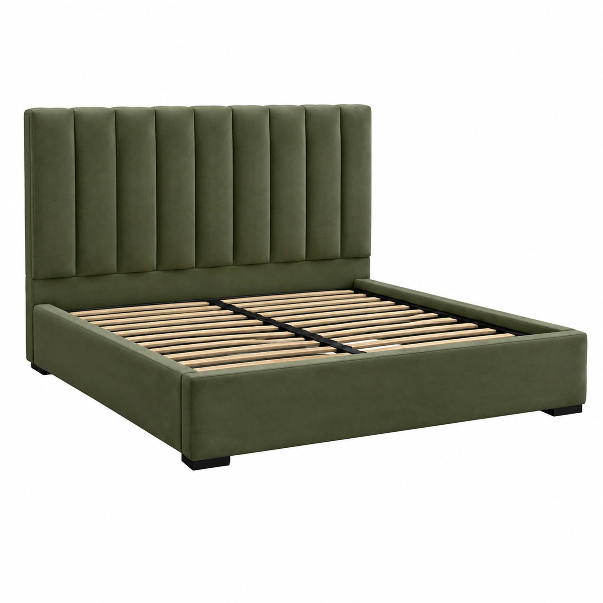 Lit double 160 x 200 cm en velours vert avec tête de lit capitonnée et sommier à lattes