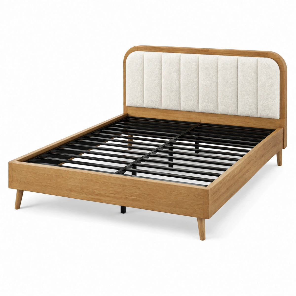 Lit double 160 x 200 cm en bois marron avec tête de lit en tissu bouclé contemporain