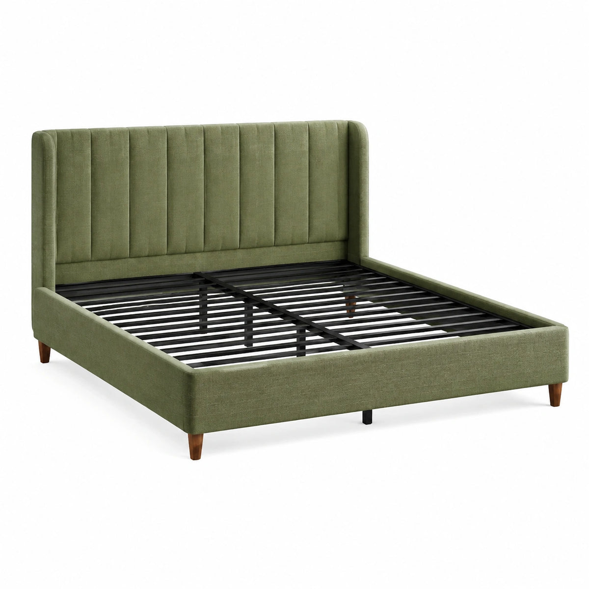 Lit double 160 x 200 cm en tissu vert olive avec sommier à lattes style contemporain