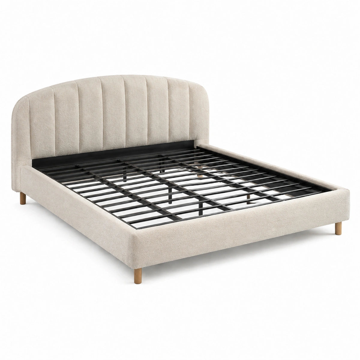 Lit double 160 x 200 cm en tissu bouclé beige avec sommier à lattes métalliques style contemporain