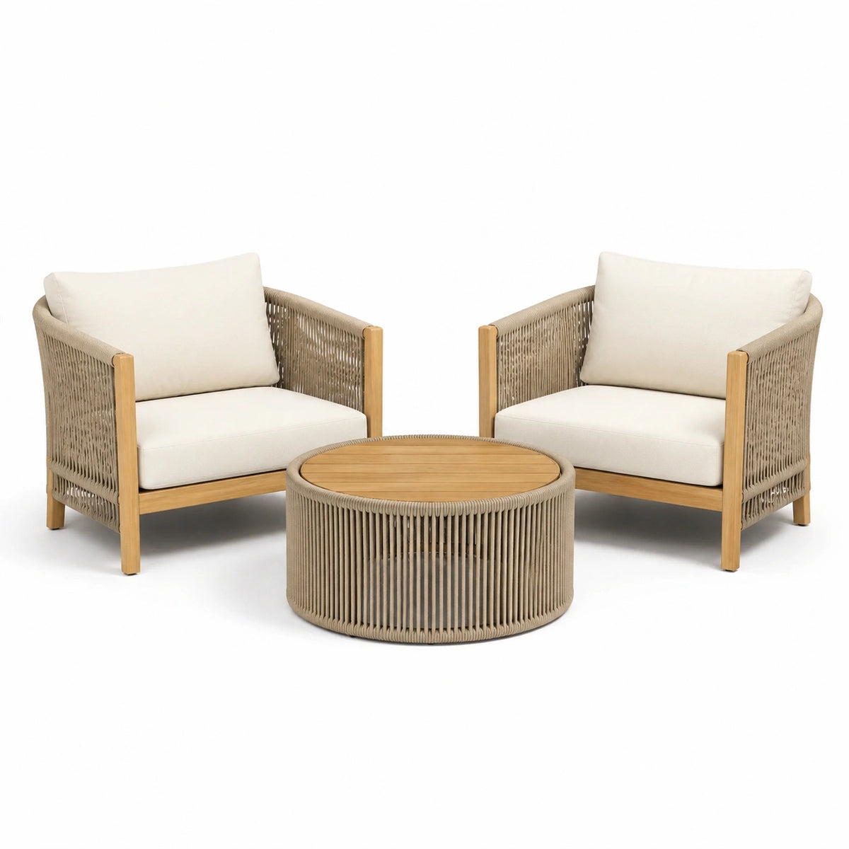 Ensemble salon de jardin 2 fauteuils et table basse ronde 80 cm bois corde beige style contemporain