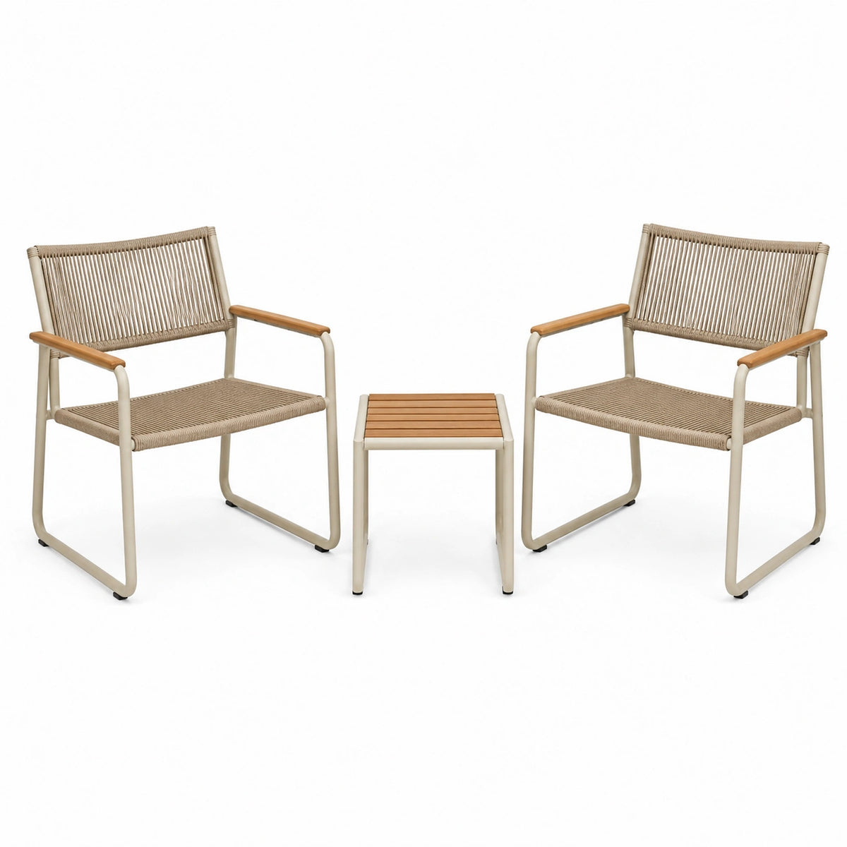 Salon de jardin 2 fauteuils et table 45 cm en acier beige et bois style contemporain