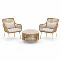 Salon de jardin 2 fauteuils et table basse ronde Ø70 cm en rotin beige style bohème
