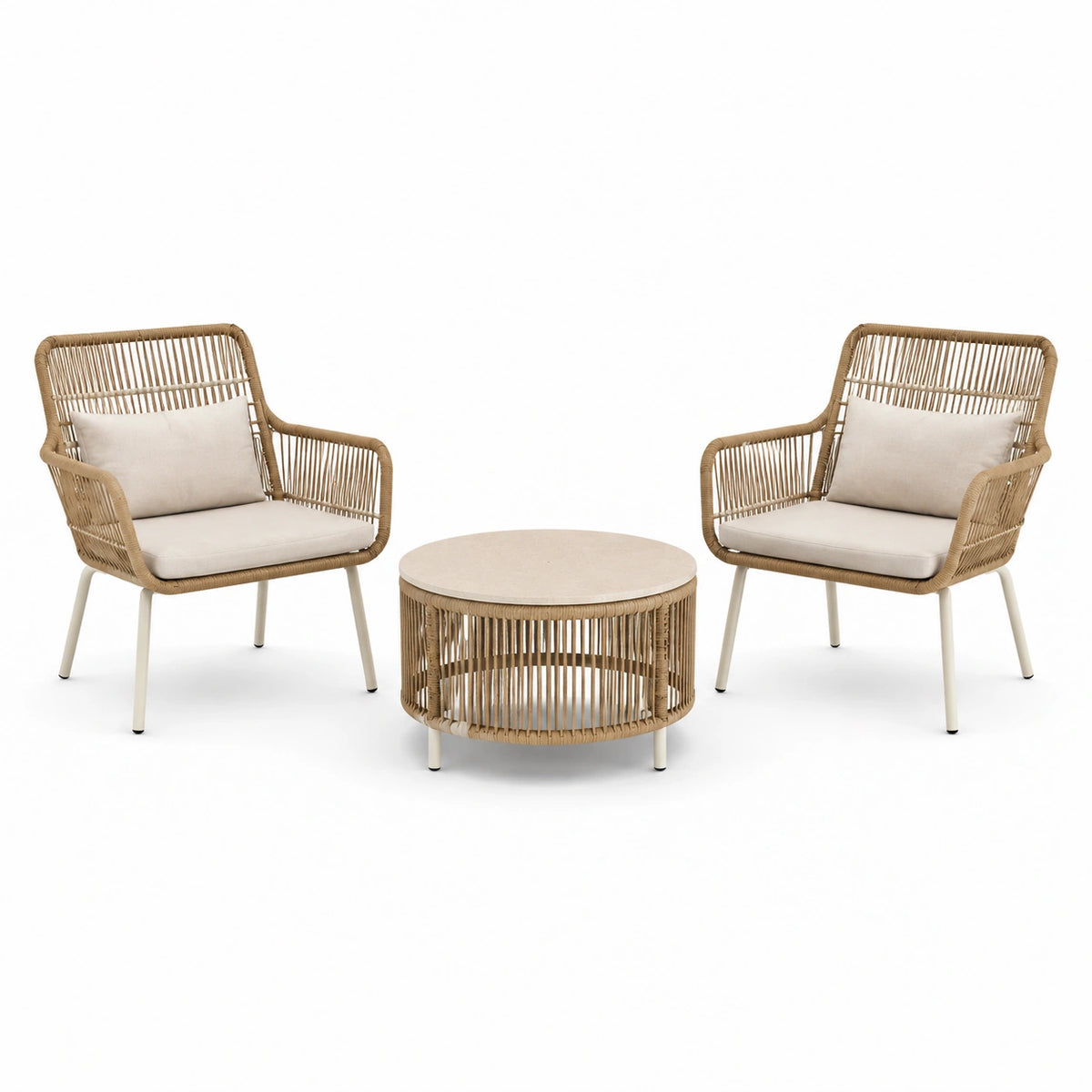 Salon de jardin 2 fauteuils et table basse ronde Ø70 cm en rotin beige style bohème