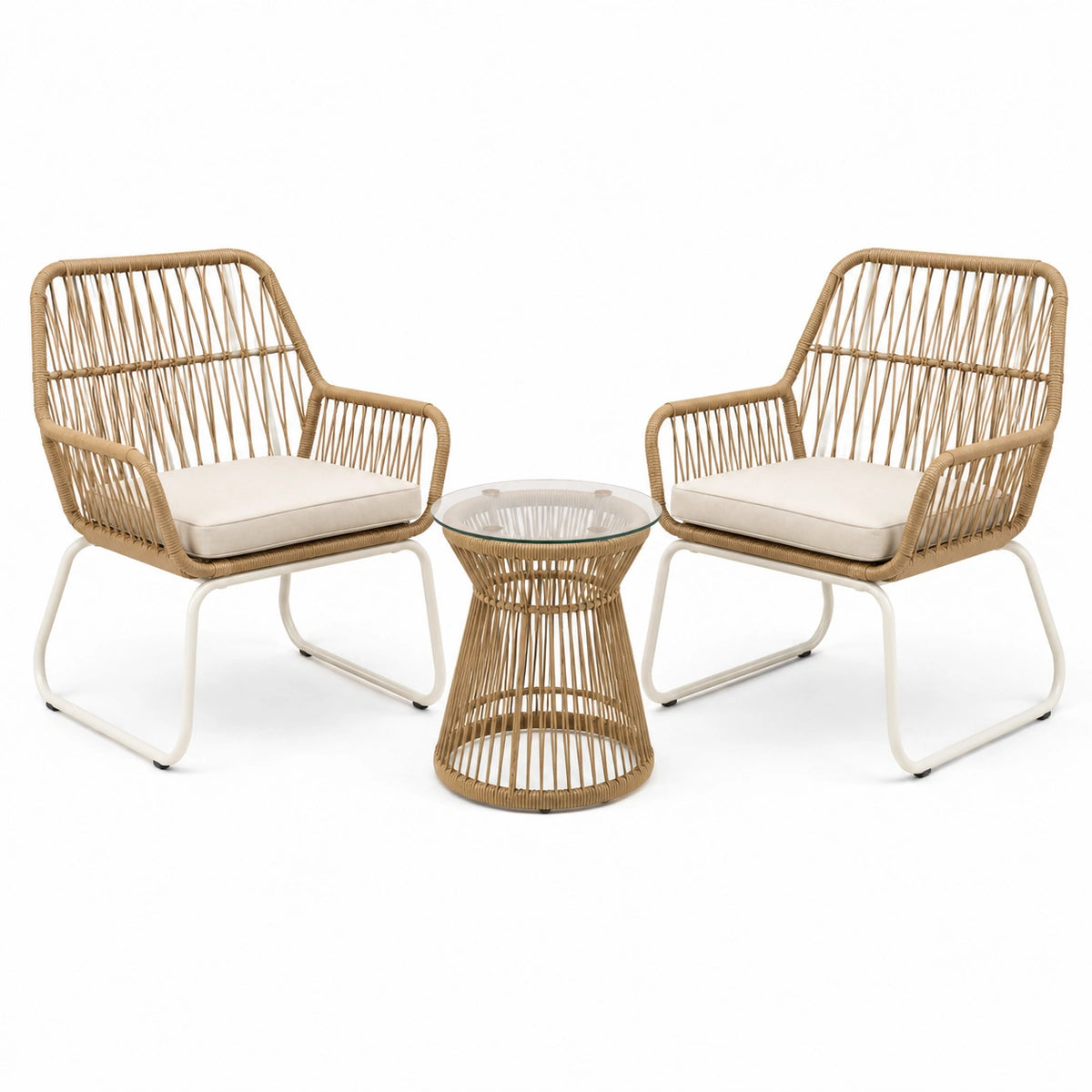 Salon de jardin 3 pièces 2 fauteuils et table basse 68 x 74 x 83 cm fibres tressées beige style naturel