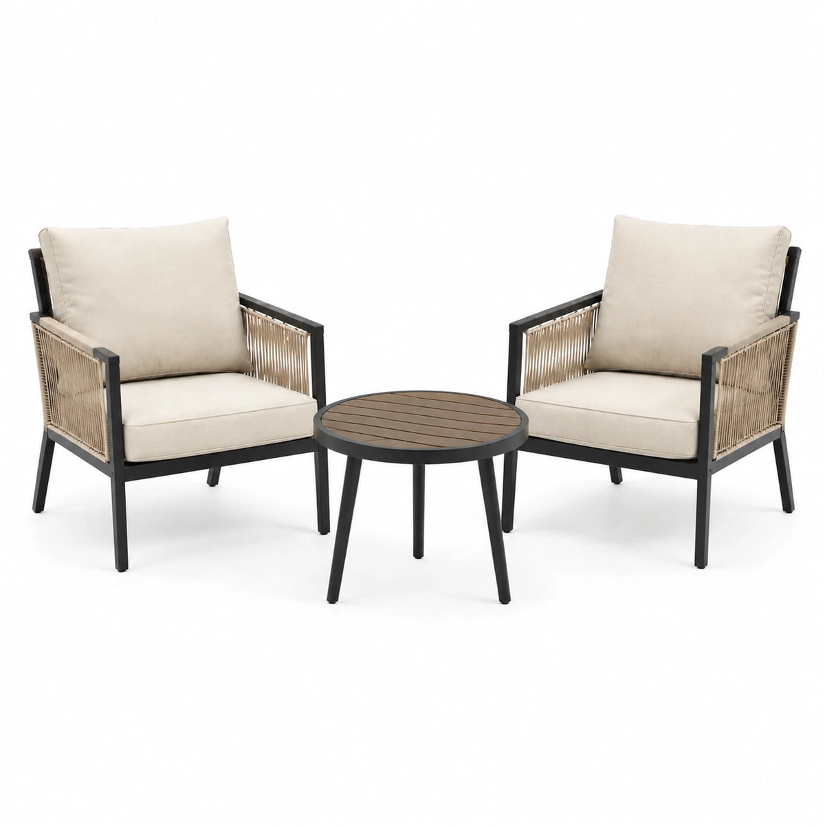 Salon de jardin 3 pièces métal noir corde beige avec table ronde 60 cm