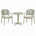 Ensemble de jardin 3 pièces table ronde Ø70 cm et 2 fauteuils en métal vert avec coussins style contemporain