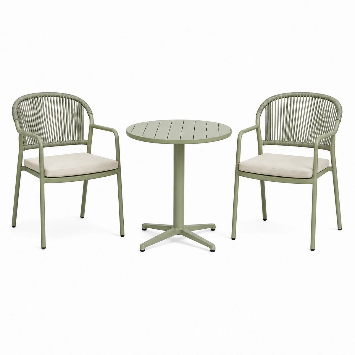 Ensemble de jardin 3 pièces table ronde Ø70 cm et 2 fauteuils en métal vert avec coussins style contemporain