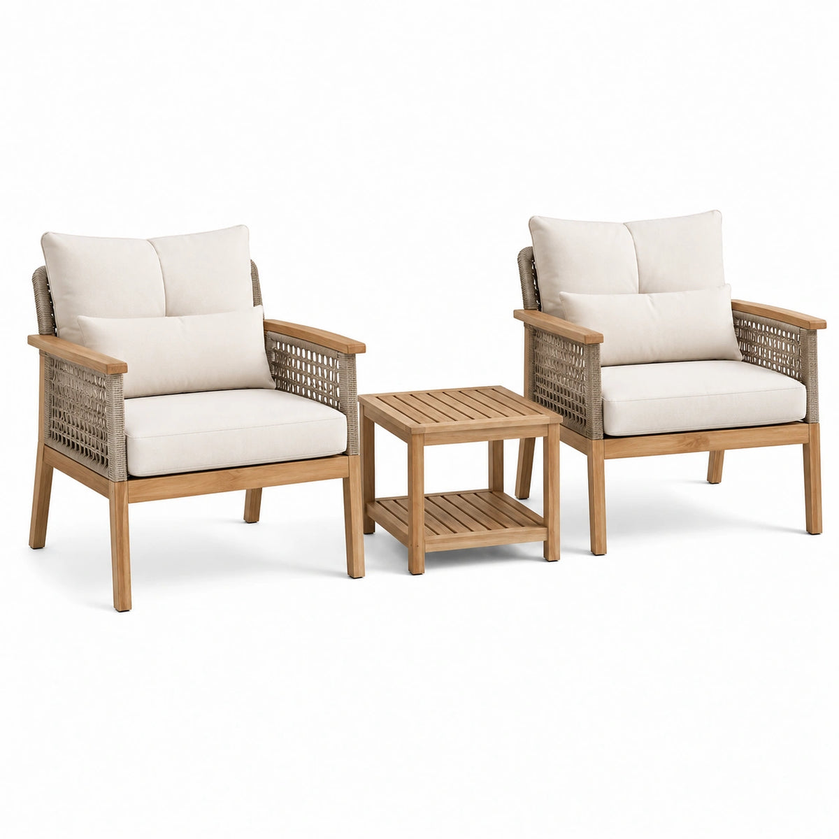 Salon de jardin 3 pièces en bois naturel et corde tressée avec table 50 cm style contemporain