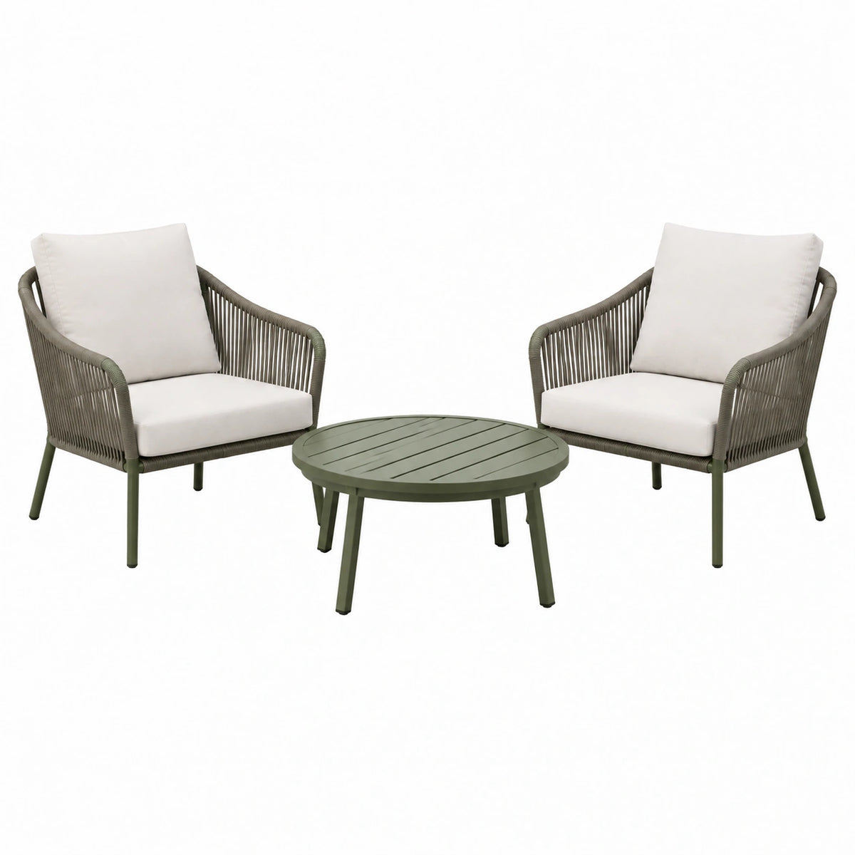 Salon de jardin 2 fauteuils et table ronde 80 cm en métal et cordage vert beige style contemporain