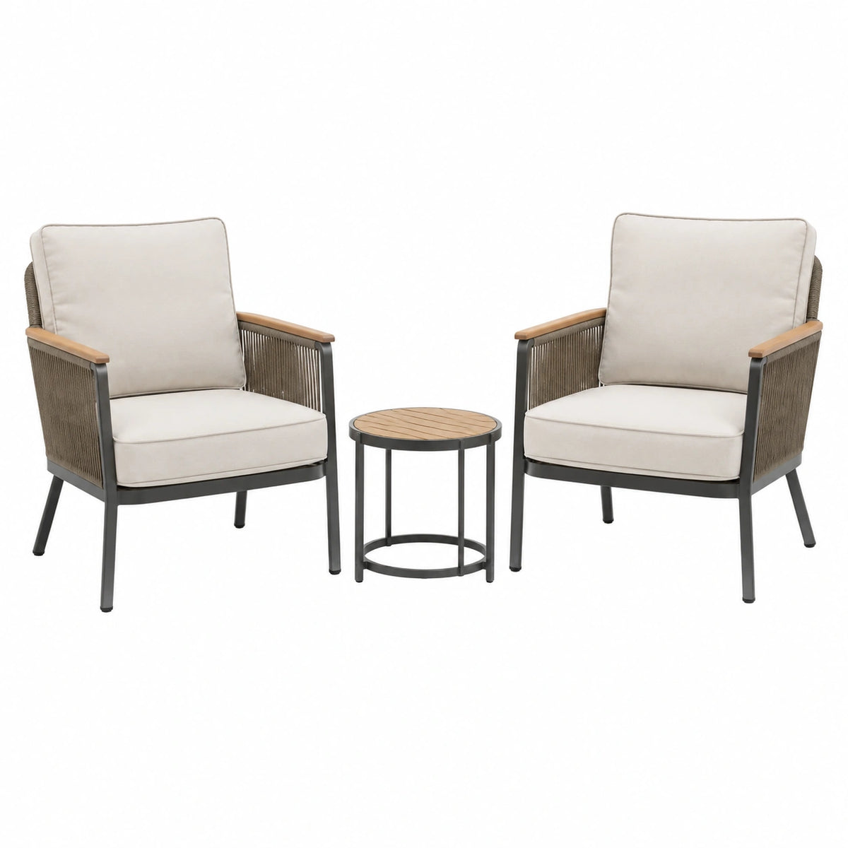 Salon de jardin 2 fauteuils et table ronde diamètre 50 cm en métal corde beige style contemporain