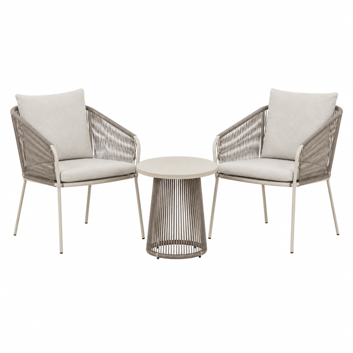 Salon de jardin 3 pièces avec 2 fauteuils et table ronde 60 cm en métal et corde beige style contemporain