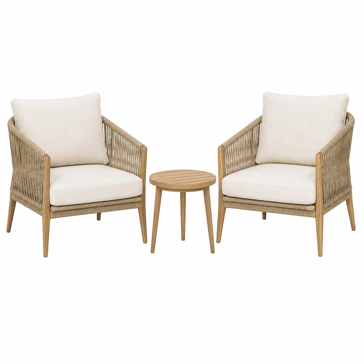Salon de jardin 2 fauteuils et table ronde diamètre 50 cm bois corde beige style naturel