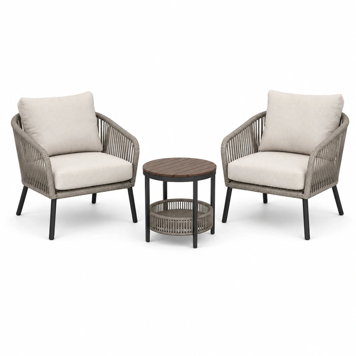 Salon de jardin 2 fauteuils et table ronde 60 cm en corde tressée gris beige contemporain