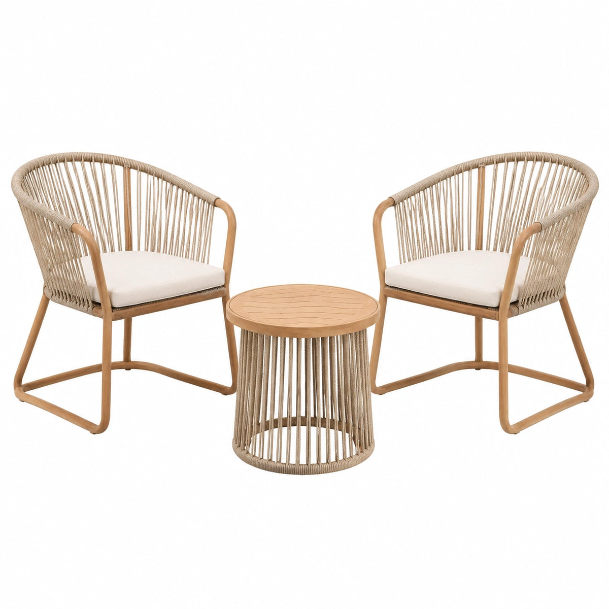 Salon de jardin 2 fauteuils et table ronde 50 cm en bois et corde beige style bohème