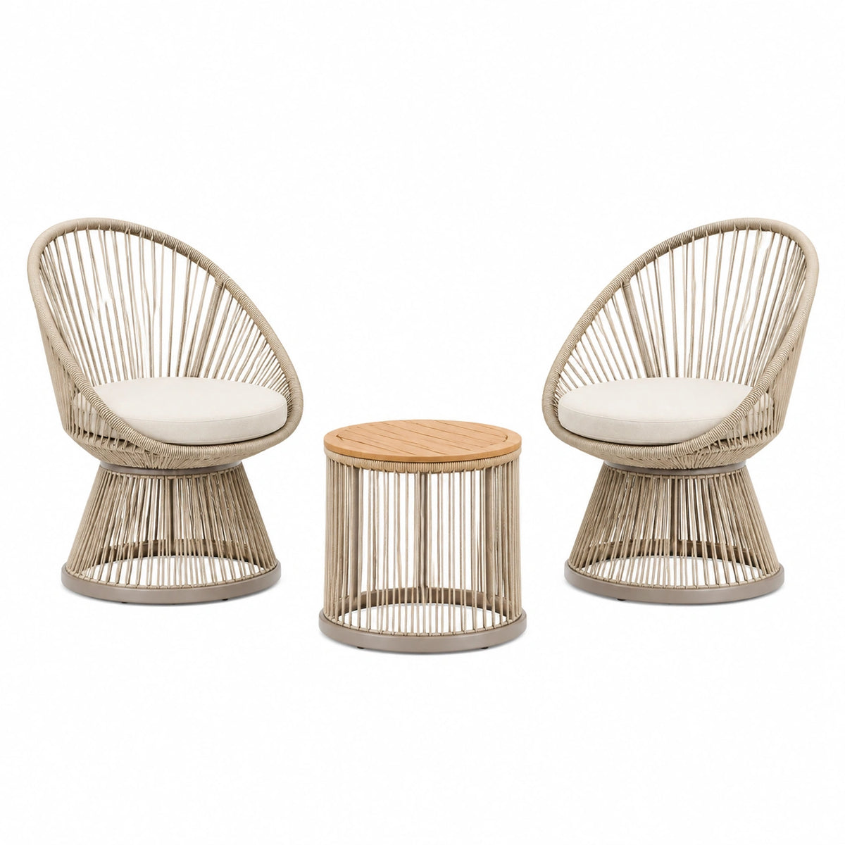 Salon de jardin 2 fauteuils 80 cm et table ronde en corde tressée beige style bohème