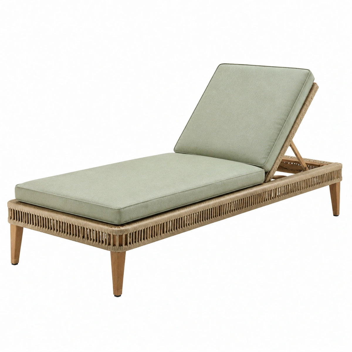 Chaise longue de jardin 200 x 70 x 35 cm en bois et tressage beige avec coussins vert sauge dossier inclinable