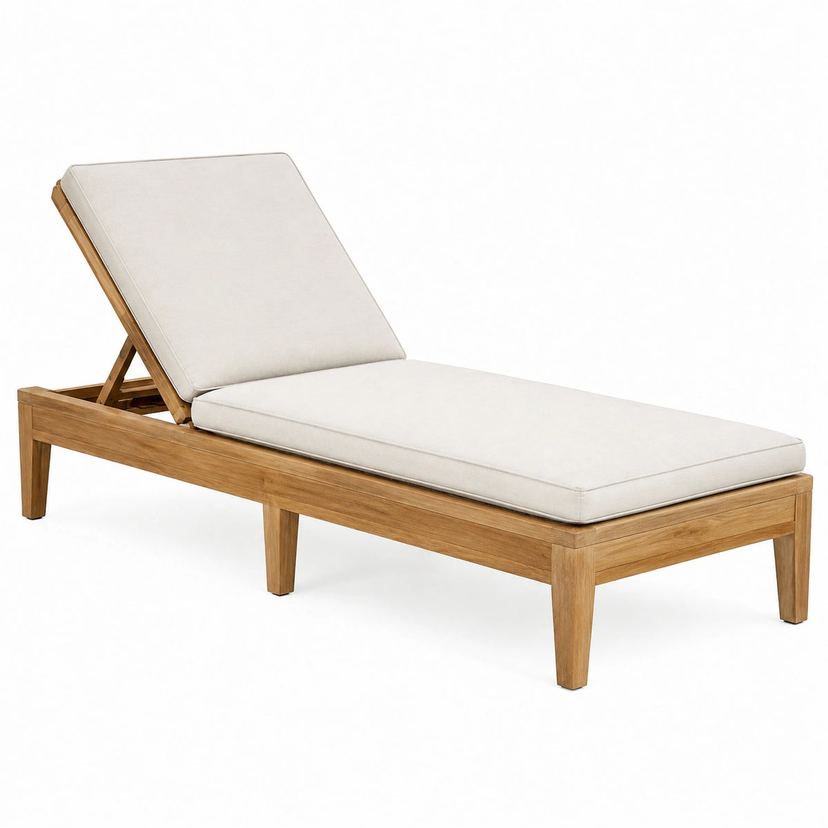 Chaise longue de jardin 200 x 70 cm en bois naturel avec coussin beige dossier réglable
