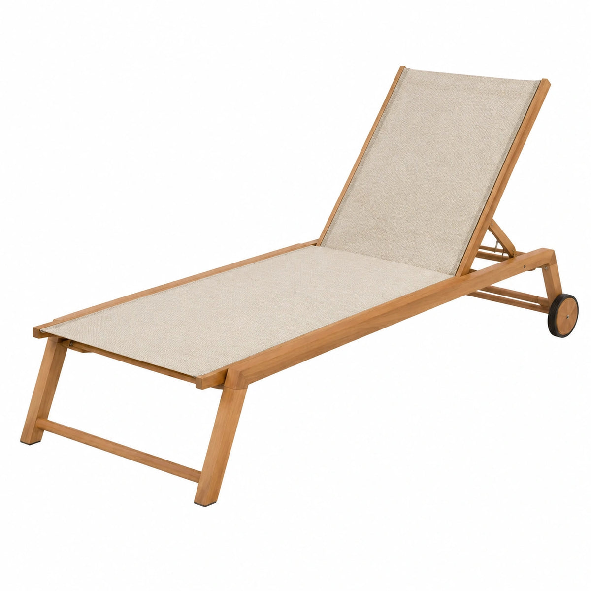 Bain de soleil 200 x 65 x 35 cm en bois et toile écrue inclinable à roulettes